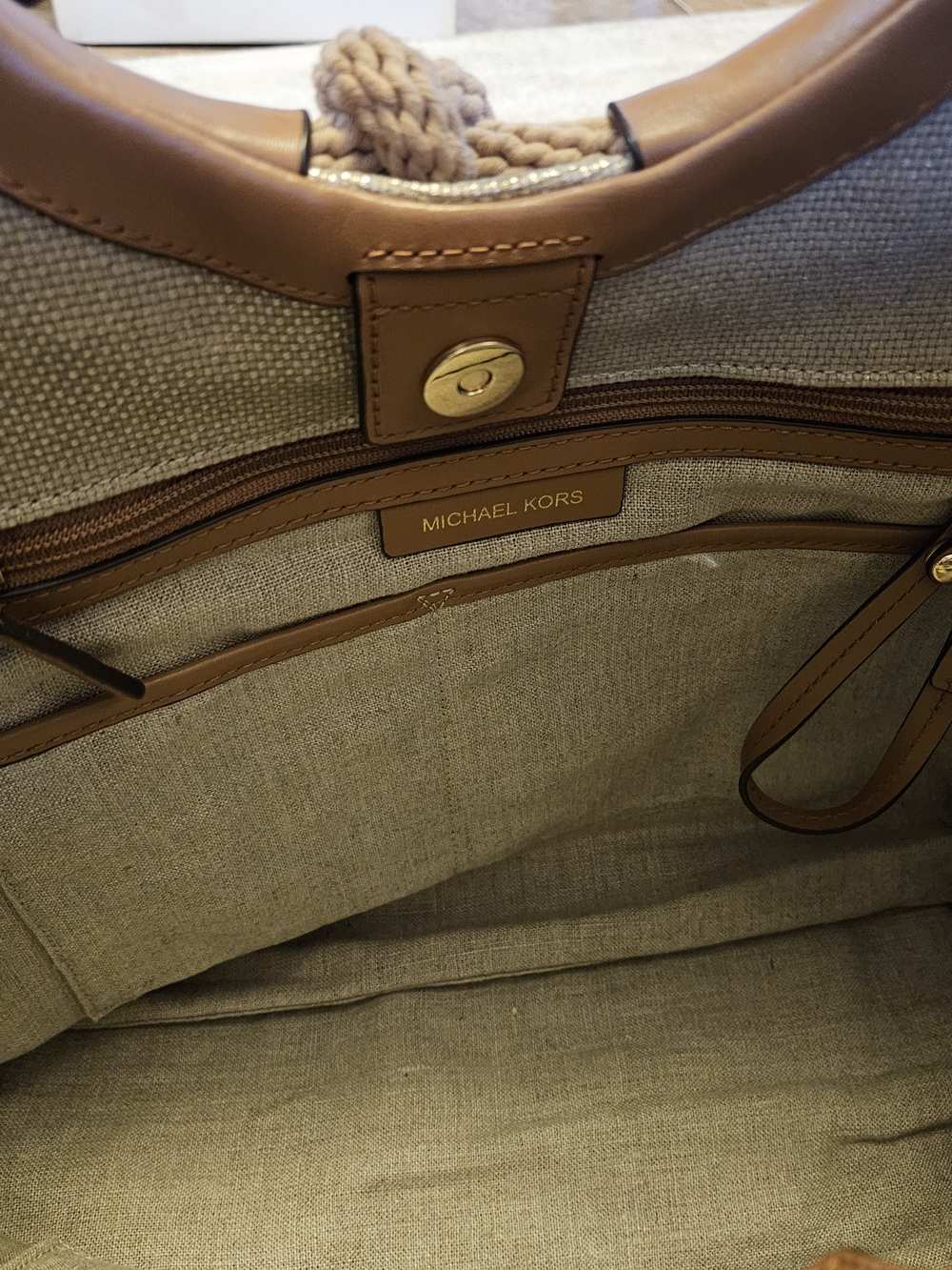 Michael Kors Gold Metallic Tote Rope Handle Leather Trim Large Bag - Picture 4 of 7